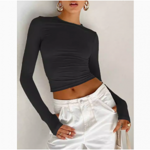 Fashion Women T-shirt Long Sleeve Crew Neck Solid Slim Fit